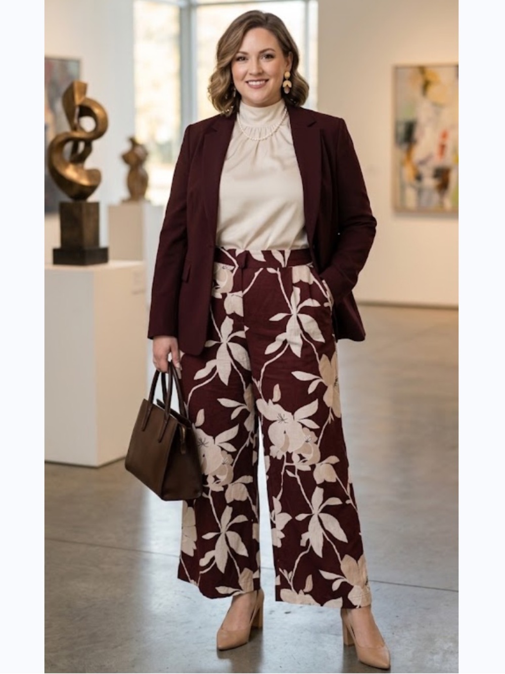 LOFT Burgundy Wide-Leg Floral Pants with Cream Print